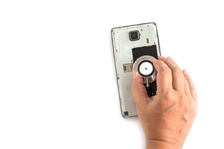 Check Smartphone out of order by Stethoscope.Phone repair and service concept