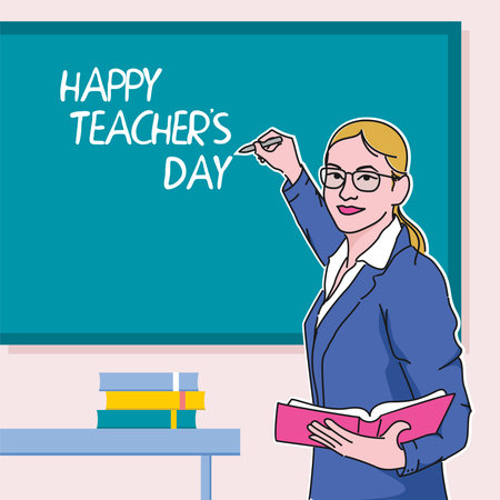 Happy teachers day background poster template. Female teacher wearing glasses is writing on the classroom board. Flat line art illustration design.のイラスト素材