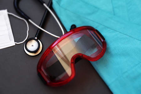 Use to protect the eyes from covid 19. Eye and face protection devices for Medical equipment during procedure from coronavirus in hospital for Healthcare Workers.の写真素材