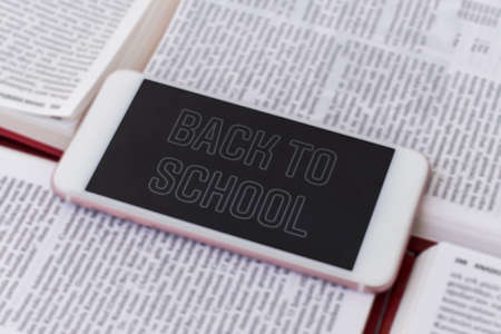 Welcome back to school background. Top view of a smart mobilephone over lot of opened books. Wisdom, knowledge, education concept.の写真素材