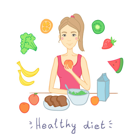 illustration - woman with salad isolated on white. Healthy diet. Fruits and vegetables.のイラスト素材