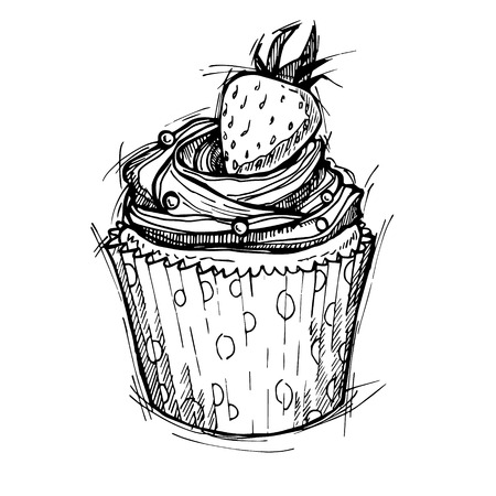 Hand drawn vector illustration - Sweet cupcake with strawberry. St. Valentines Dayのイラスト素材