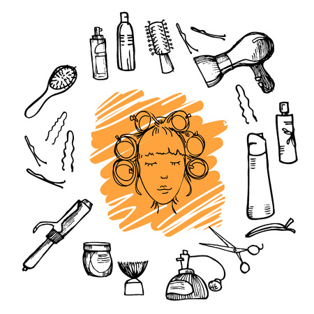 Hand drawn illustration - Hairdressing tools (scissors, combs, styling). Vectorのイラスト素材