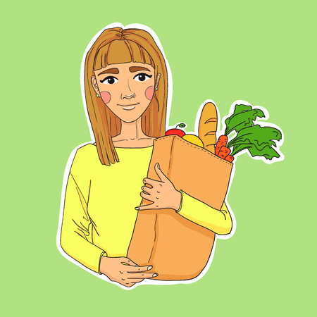 Hand drawn illustration. Healthy eating secret of beauty. Young beautiful woman holding a bag of fruits and vegetables. Vector. Paper Bag With Foodのイラスト素材