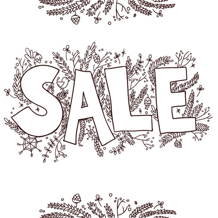 Big sale sketch. Hand drawn vector illustration with twigs, pine cones, plantsのイラスト素材