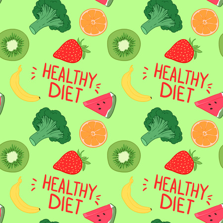 Hand-drawn vector illustration - Seamless pattern with fruit and vegetables. Banana, orange, strawberry, broccoli, kiwi and watermelon. Healthy dietのイラスト素材