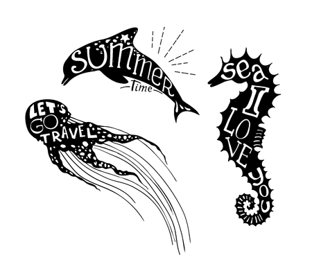 Hand-drawn vector illustration - Quote inscribed in silhouette jellyfish, dolphin and seahorse. Love summerのイラスト素材