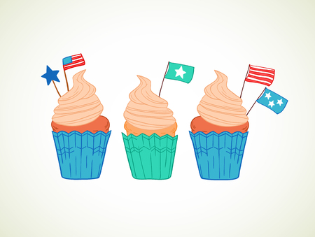 Hand drawn vector illustration - Sweet cupcakes with decorations (star, flags, usa). Independence dayのイラスト素材