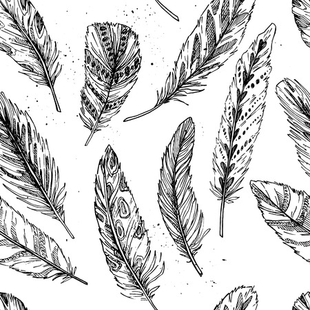 Seamless pattern. Hand drawn vector vintage illustration - Feathers. Ink and featherのイラスト素材