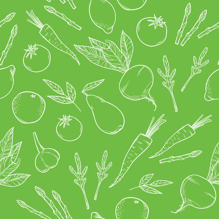 Hand-drawn vector illustration. Seamless pattern with fruit and vegetables. Healthy dietのイラスト素材