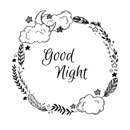 Hand drawn vector illustration - good night, card with Wreath of feather, moon, cloud, natural elements, stars and more.のイラスト素材