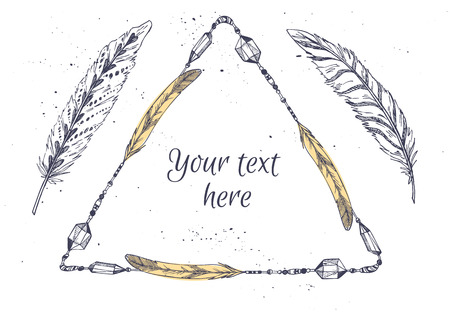 Hand drawn vector illustration - Frame with feathers. Tribal design elements for invitations, greeting cards, quotes, blogs, posters and more. Perfect For Wedding Frames.のイラスト素材
