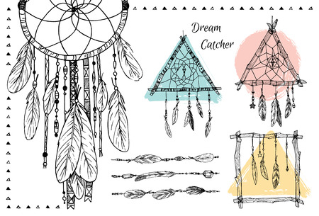 Hand drawn illustration - Set of Dream catchers. Tribal design elements. Vectorのイラスト素材