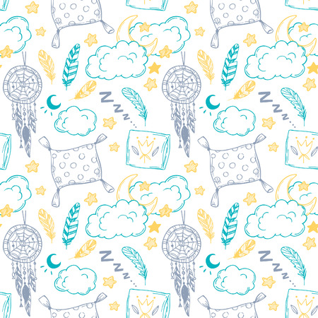 Hand drawn vector illustration - Seamless pattern with feathers, moon, clouds, stars and more. Good night.のイラスト素材