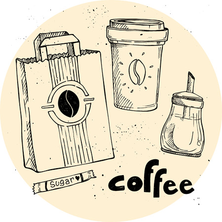 Hand drawn vector vintage illustration - coffee set. Coffee to goのイラスト素材