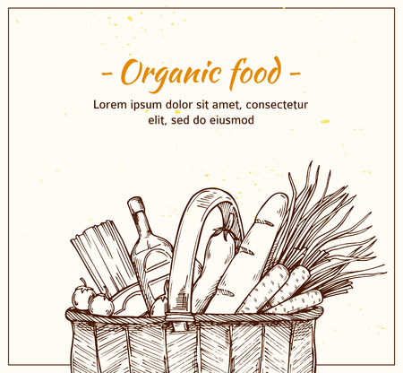 Hand drawn vector illustration - Supermarket shopping basket with organic food. Grocery store.のイラスト素材