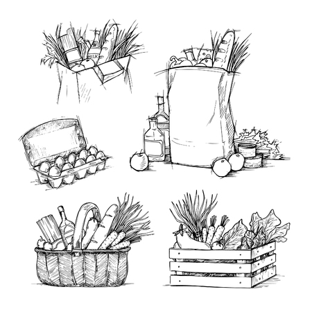 Hand drawn vector illustrations - Shopping bags with healthy food. Grocery store. Supermarket.のイラスト素材