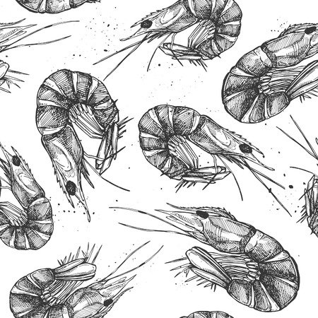 Hand drawn vector illustration - Seamless patterns with shrimp. Vintageのイラスト素材