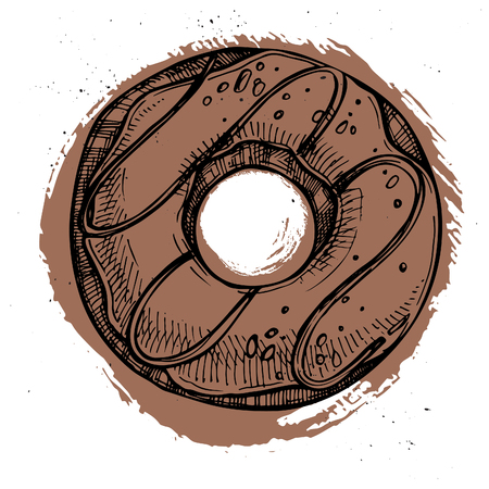 Hand drawn vector illustration- Tasty chocolate donut. Isolated on white background. Sketch element.のイラスト素材