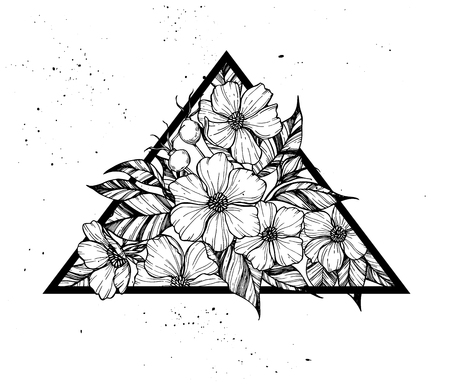 Hand drawn vector illustration - triangle with flowers and leaves. Perfect for invitations, greeting cards, quotes, tattoo, textiles, blogs, posters etc.のイラスト素材
