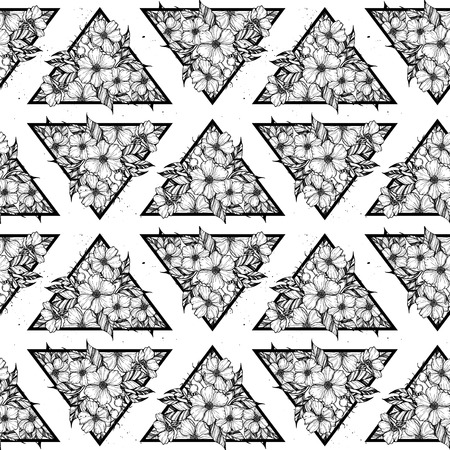 Hand drawn vector seamless pattern - triangles with flowers and leaves. Perfect for invitations, greeting cards, quotes, tattoo, textiles, blogs, posters etc.のイラスト素材