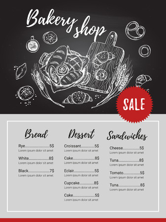 Hand drawn vector flyer - bakery shop. Basket with pastry (donut, croissant, cake, pretzels, bagels, baguette etc). Sketch. Template for your designのイラスト素材
