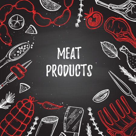 Hand drawn  illustration - Meat products (chicken, pork, steak, sausage, salami, tomato, herbs and spices). Sketch. Template for your design with chalkboard background.のイラスト素材