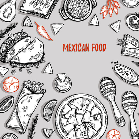 Hand drawn  illustrations - Mexican food (tacos, nachos, burritos, chili pepper, avocado, sauce, tomato, maracas). Sketch. Template for your design.のイラスト素材