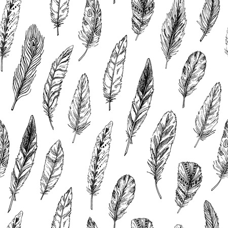 Hand drawn vector vintage illustration - Feathers. Ink and feather. Seamless pattern with nature elements. Abstract backgroundのイラスト素材