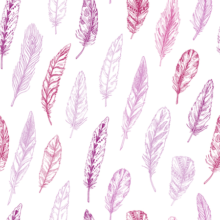 Hand drawn vector vintage illustration - Feathers. Ink and feather. Seamless pattern with nature elements. Abstract backgroundのイラスト素材