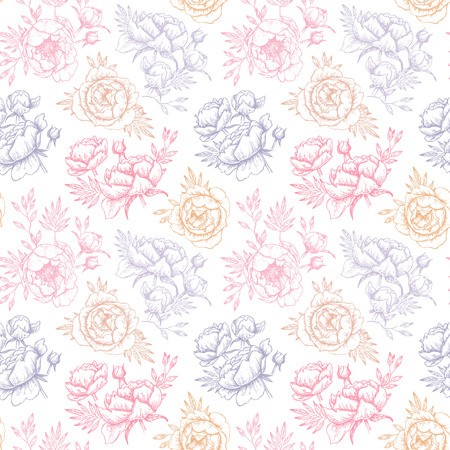 Hand drawn vector seamless pattern with peonies (flowers, leaves). Floral design elements. Perfect for invitations, greeting cards, blogs, textile, wallpaper, posters etc.のイラスト素材