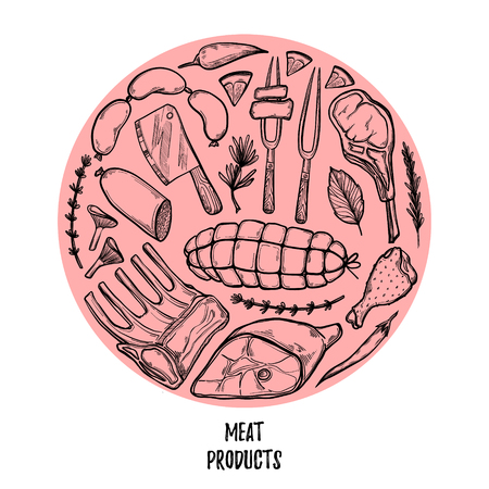 Hand drawn vector illustration - Meat products (chicken, pork, steak, sausage, salami, tomato, herbs and spices). Sketch. Template for your designのイラスト素材