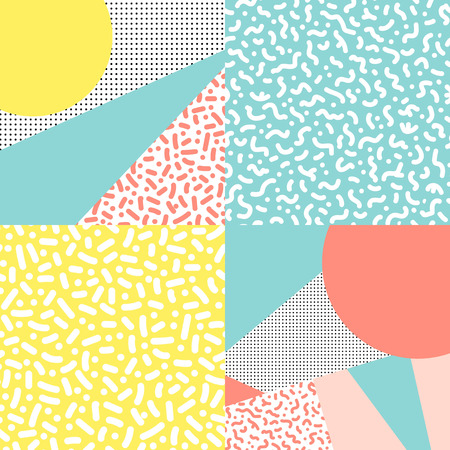 Vector patterns with geometric elements in the style of 80's. Memphis design. Retro background. Perfect for invitations, greeting cards, posters, prints etcのイラスト素材
