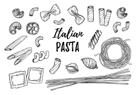 Hand drawn illustration - Italian pasta. Different kinds of pasta. Design elements in sketch style. Perfect for menu, cards, blogs, banners.のイラスト素材