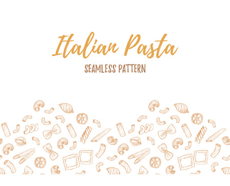 Hand drawn pattern - Different kinds of italian pasta. Design elements in sketch style. Perfect for menu, cards, blogs, banners.のイラスト素材
