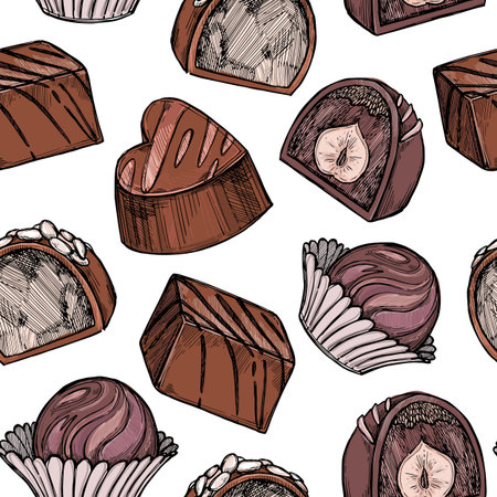 Hand drawn vector seamless pattern - set of chocolate candies with milk chocolate and nuts. Design elements in sketch style for Valentine's day. Perfect for menu, cards, blogs, banners, flyers etcのイラスト素材