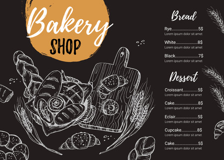 Hand drawn vector illustration - Promotional brochure of bakery. Perfect for restaurant brochure, cafe flyer, delivery menu. Ready-to-use design template with illustrations in sketch style.のイラスト素材
