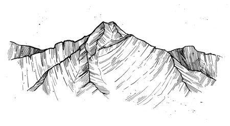Hand drawn vector illustration - mountain peaks. Outdoor camping background in sketch style. Landscape.のイラスト素材