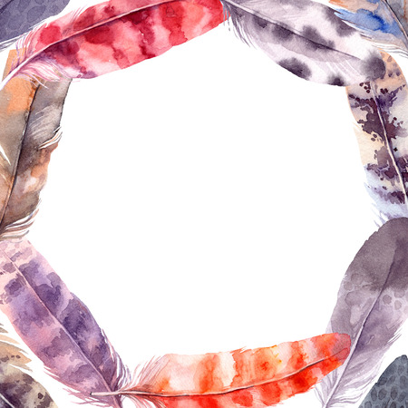 Hand drawn illustration - Watercolor feathers frame. Aquarelle design template. Isolated on white background. Perfect for invitations, greeting cards, posters, printsの写真素材