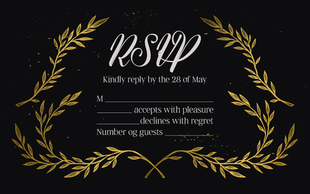 Hand drawn vector illustration - wedding invitation RSVP with vintage branches and inky splashes. Gold botanical leaves. Perfect for invitations, greeting cards, blogs, posters and more.のイラスト素材