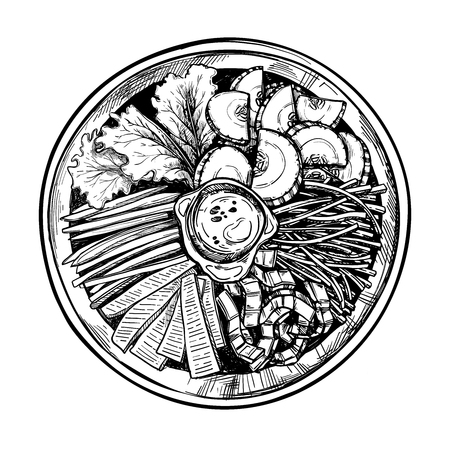 Hand drawn vector illustration. Asian food. Bibimbap. Perfect for restaurant brochure, cafe flyer, delivery menu.のイラスト素材