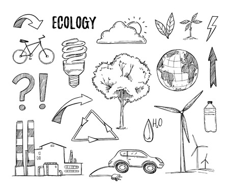 Hand drawn vector illustration. Ecology design elements (plant, sprout, energy-saving lamp, windmill, bike). Eco icons in sketch style.  Perfect for invitations, greeting cards, blogs, posters and moreのイラスト素材