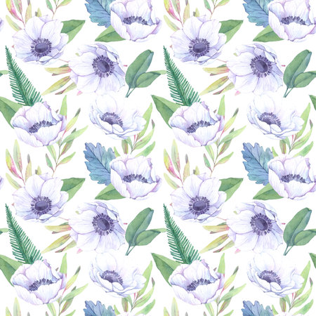 Hand drawn watercolor seamless pattern. Spring leaves, branches, anemones. Floral backgroung. Perfect for wedding invitations, greeting cards, blogs, posters and moreの写真素材