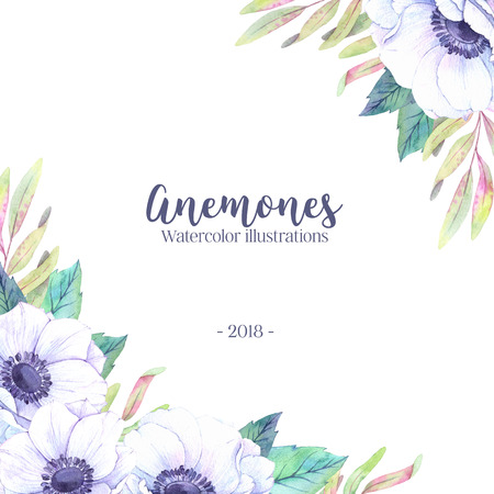 Hand drawn watercolor illustration. Wedding invitation or greeting card with leaves and anemones flowers. Watercolor ready to use card. Save the date.の写真素材
