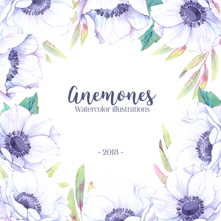 Hand drawn watercolor illustration. Wedding invitation or greeting card with leaves and anemones flowers. Watercolor ready to use card. Save the date.の写真素材