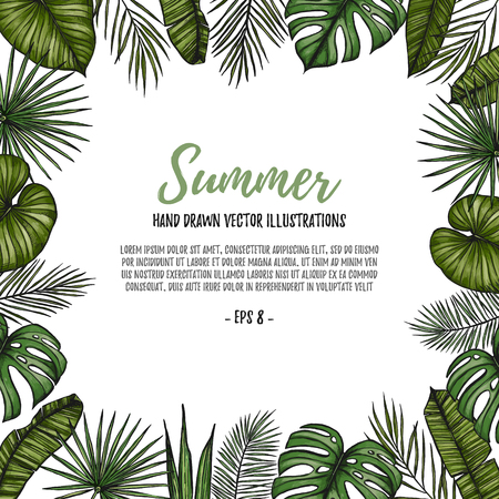 Summer tropical postcard template. Frame with palm leaves (monstera, areca palm, fan palm, banana leaves). Hand drawn vector illustration. Perfect for prints, posters, invitations, textile, packing etcのイラスト素材