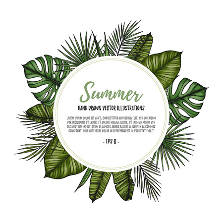 Summer tropical exotic template. Label with palm leaves (monstera, areca palm, fan palm, banana leaves). Hand drawn vector illustration. Perfect for prints, posters, invitations, packing etcのイラスト素材