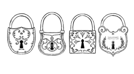 Hand sketched vector illustrations - collections of vintage locks. Design elements with decorative symbols. Medieval locks. Retro clipart. Perfect for invitations, magazins, postcards, prints のイラスト素材