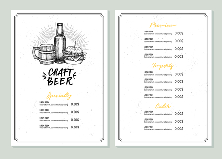 Hand drawn vector illustration - Beer menu (Light / Dark / Red / / Craft). I love beer. Perfect for restaurant brochure, cafe flyer, delivery menu. Design template with illustrations in sketch style.のイラスト素材