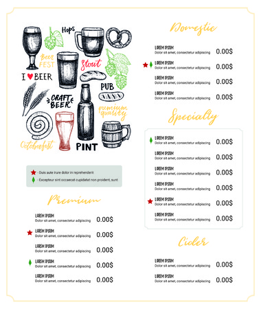 Hand drawn vector illustration - Beer menu (Light / Dark / Red / / Craft). I love beer. Perfect for restaurant brochure, cafe flyer, delivery menu. Design template with illustrations in sketch style.のイラスト素材